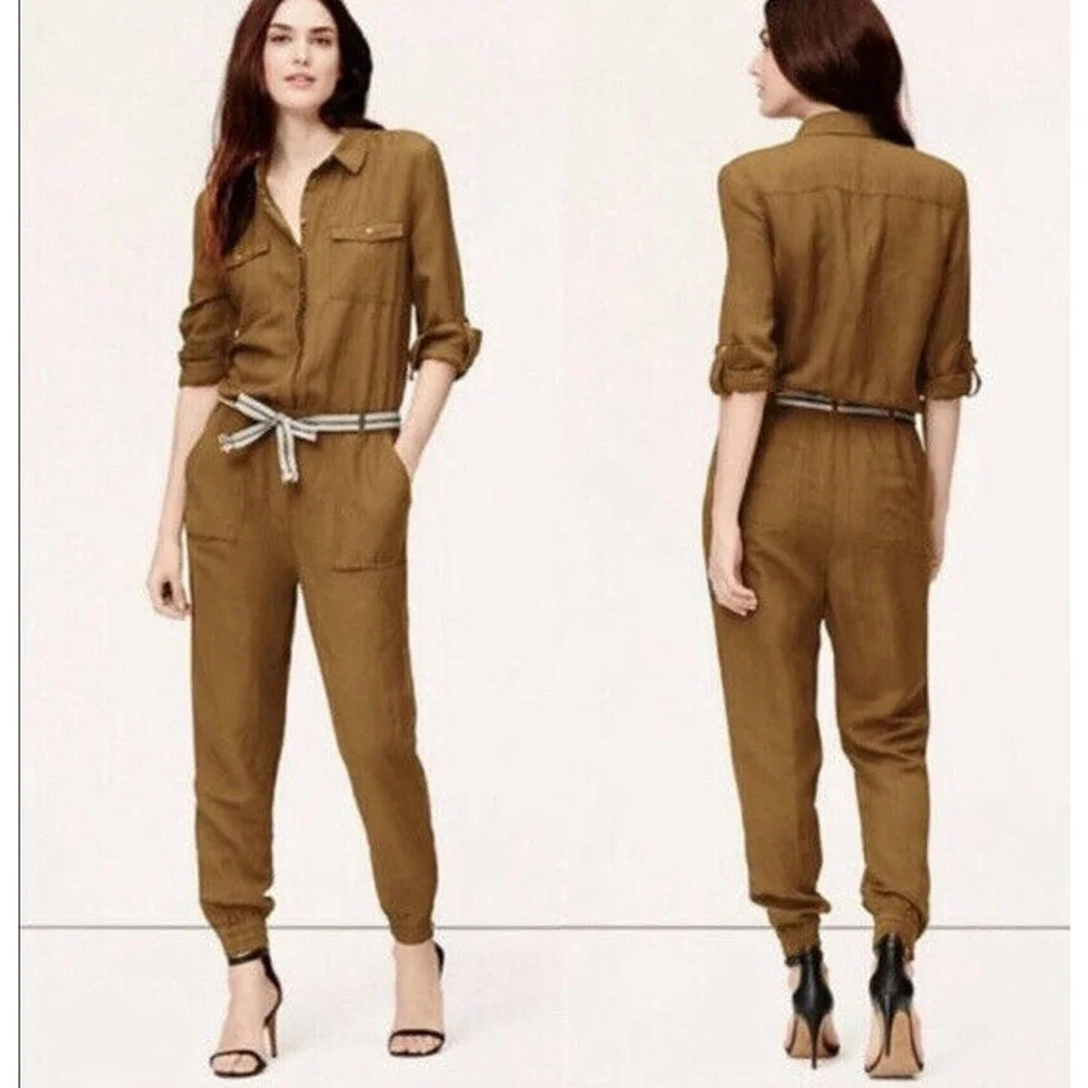 Ann Taylor LOFT Linen Blend Utility Mustard Yellow Roll Tab Sleeve Jumpsuit S - Picture 1 of 6